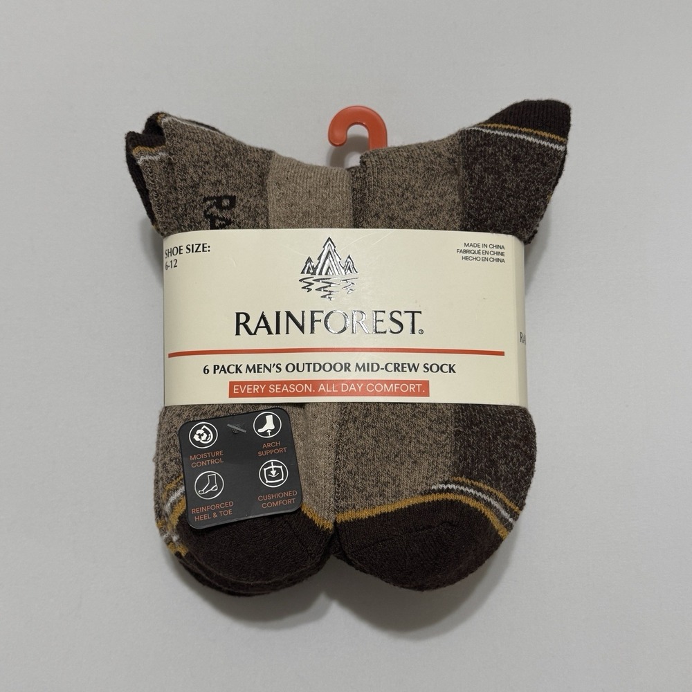 Rainforest 6-Pair Men's Outdoor‎ Mid Crew Socks  Shoe Size 6-12  Size 10-13 Tan